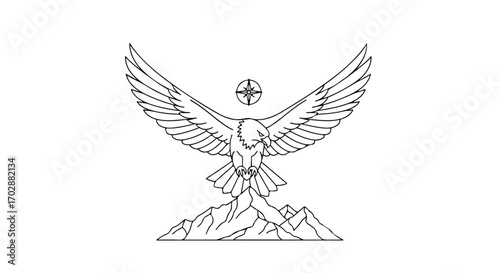 Eagle soaring above mountain peaks, guiding light illuminating journey, symbolic representation of freedom and adventure cresting majestic heights