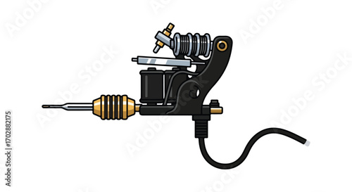 Detailed illustration of a modern tattoo machine on a clean white backdrop showcased studio equipment aesthetics