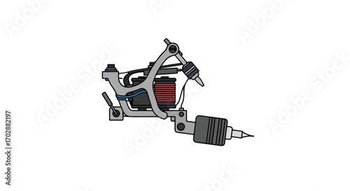 Detailed illustration of an electric coil tattoo machine with intricate components and delicate precision ideal for visual artistry