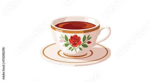 Elegant porcelain teacup with crimson tea, featuring a vivid rose design on a pristine white background for a sophisticated touch