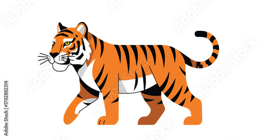 Stylized tiger illustration with bold orange and black stripes walking with a focused gaze against a white backdrop