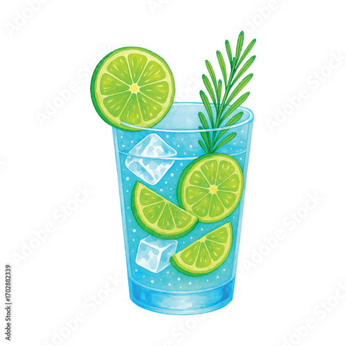 Lime Cocktail with Ice Cubes and Rosemary