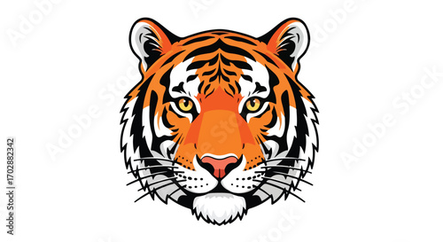 Striking tiger face illustration with vibrant orange and black stripes on a clean white background showcases detailed artwork and design element