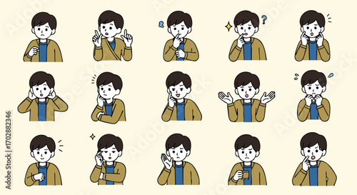 Young man expresses diverse emotions and thoughtful poses, perfect for communication and idea generation concepts.