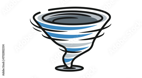 Stylized depiction of a swirling tornado with blue and gray banding against a white background creating a sense of dynamic energy and meteorological