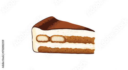 Whimsical Tiramisu Slice Illustration with a Delightful Blend of Coffee and Creamy Flavors Depicted on Clean White Backdrop