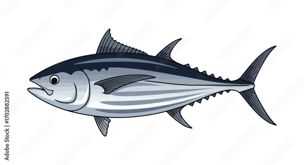 Fototapeta premium Detailed anatomical illustration showcasing a stylized tuna fish with streamlined body and distinctive fins isolated on white background