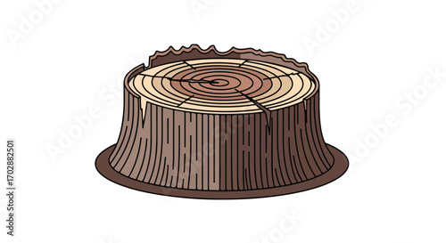 Stylized tree stump illustration with growth rings and cracked texture depicting nature's lifespan