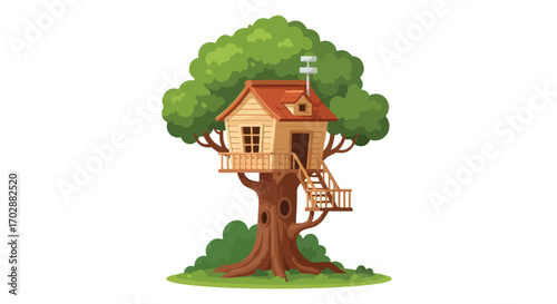 Delightful treehouse illustration nestled amongst lush foliage providing a playful and whimsical scene ideal for children's content offering a sense