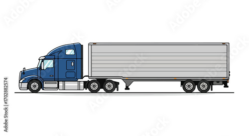 Digital illustration of a blue semi-truck with a long gray trailer, isolated on a clean white background displaying logistics