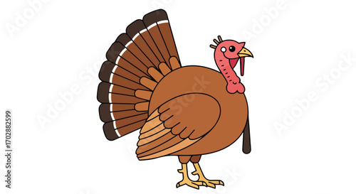 Stylized thanksgiving turkey illustration with decorative plumage and cartoonish features in a flat vector format isolated on white background