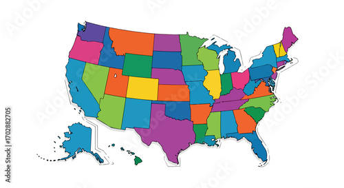 Vibrant mosaic of the united states of america, highlighting each state with individual, bold, and captivating colorations for visual distinction