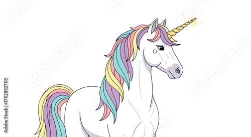 Illustration of a Majestic Unicorn with a Golden Horn and Rainbow Mane on a White Background