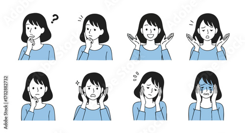 Woman expresses various emotions from confusion to distress with expressive facial gestures and body language