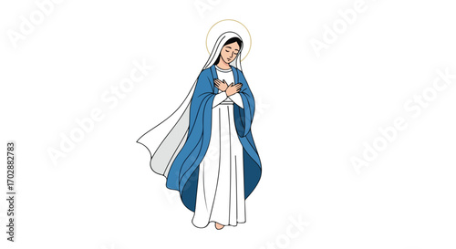 Illustration of Virgin Mary, wearing a blue cloak and praying with her hands crossed over her chest serene religious depiction showcasing spiritual