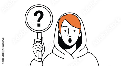 Surprised person holding a question mark sign, seeking answers in a moment of confusion or discovery