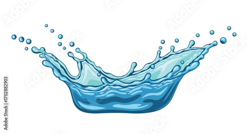 Illustrative Blue Water Splash with Droplets on a Pure White Backdrop Depicting Motion and Freshness
