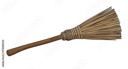 Traditional straw broom with a wooden handle, illustrating cleaning equipment for sweeping floors and household tasks used in everyday life