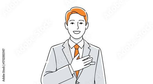Smiling businessman in suit places hand on heart showing sincerity and commitment in professional setting