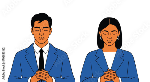 Two professionals meditating in business attire, finding inner peace and focus for success.