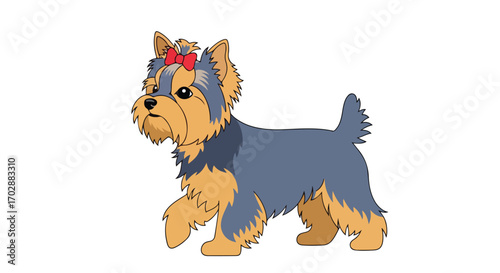 Whimsical yorkshire terrier illustration with a red bow accentuating its adorable features, a charming canine representation