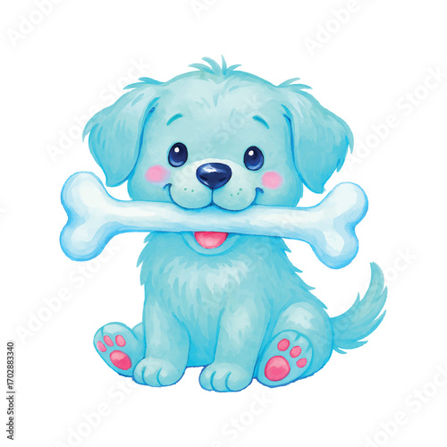 Cute Blue Watercolor Puppy with Bone Illustration
