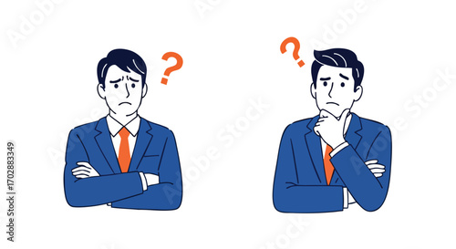 Confused businessmen ponder difficult questions, seeking solutions with thoughtful expressions and doubt