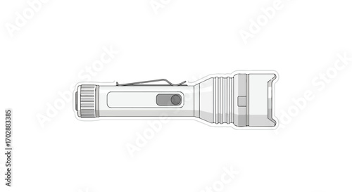 A digitally enhanced, white handheld flashlight depicted with detailed line work for graphic design purposes, illustrating illumination devices