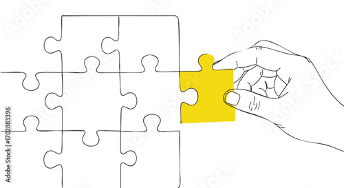 Hand placing the final piece of a vibrant puzzle, symbolizing solution and collaboration concept