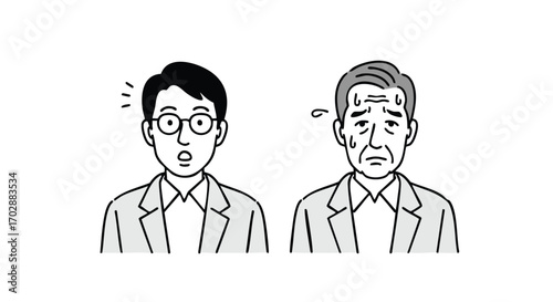 Shocked man with glasses meets stressed businessman, contrasting reactions to challenge