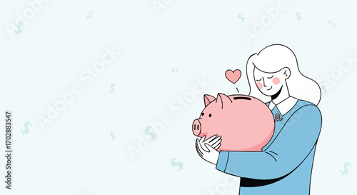 Happy woman embraces her savings in pink piggy bank, dreaming of a secure financial future now