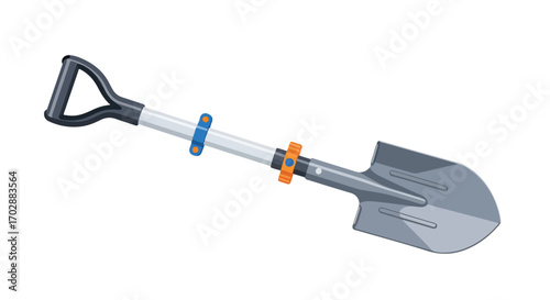 Illustration of a modern shovel with adjustable components against a clean white backdrop showcasing design and functionality