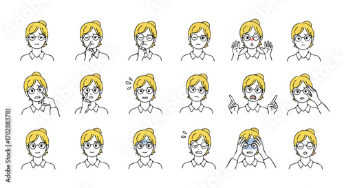 Diverse expressions of a thoughtful businesswoman in casual office attire, conveying concern and contemplation