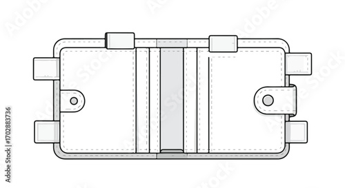 Technical illustration of a bi-fold wallet with snap closures, featuring a minimalist design aesthetic in a clean, white color palette
