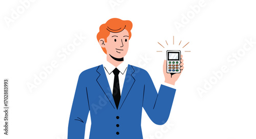 Confident businessman proudly displays payment terminal for modern transactions and financial success