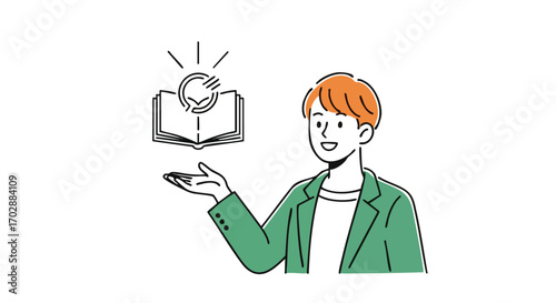 Enthusiastic person shares brilliant new idea from open book, sparking inspiration and innovation