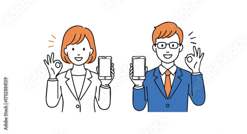 Confident business professionals with smartphones show OK gesture for approval and success
