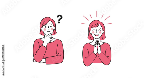 Confused woman transforming into joyful person showing clear decision and happiness