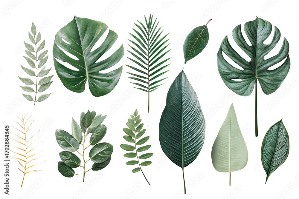 Obraz premium Collection of various tropical leaves. Different shapes, sizes, and shades of green