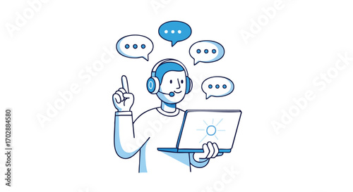 Support agent with headset and laptop provides solutions with chat bubbles above