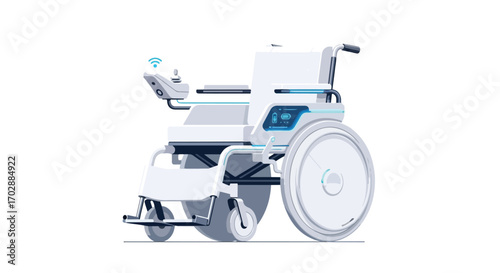 Futuristic electric wheelchair concept design illustration with wireless connectivity and modern features for improved mobility and accessibility