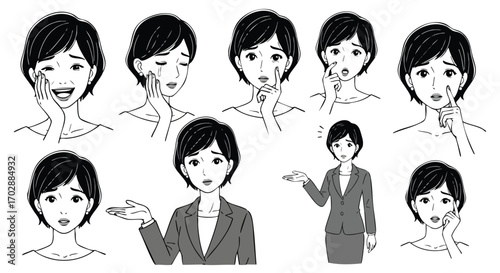 Expressive businesswoman illustrations showing various emotions like joy, sadness, surprise and confusion