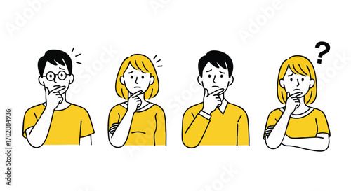 Diverse individuals ponder deeply, seeking solutions, showing thoughtful contemplation and confusion