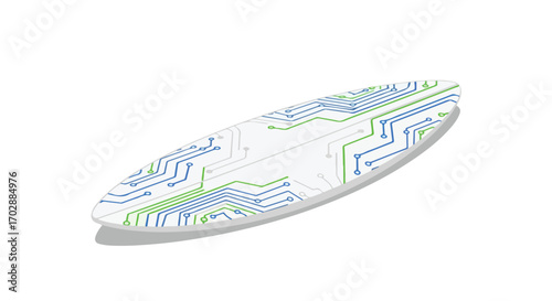 Innovative surfboard design featuring digital circuitry pattern for advanced water sports gear