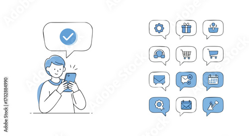 Young person checks phone receiving positive notification, surrounded by helpful app icons