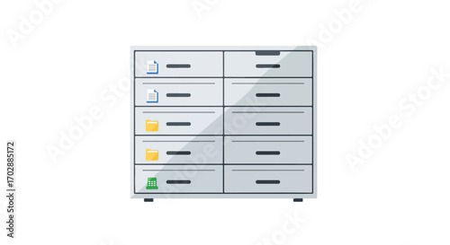 Depiction of a metal filing cabinet with multiple drawers containing files, folders and visual organization markers