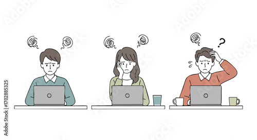 Frustrated people struggling with complex tasks and problems on laptops, feeling overwhelmed and confused.