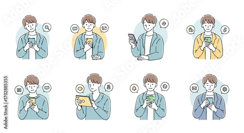 Man interacting with smartphone showing diverse digital communication and app usage icons