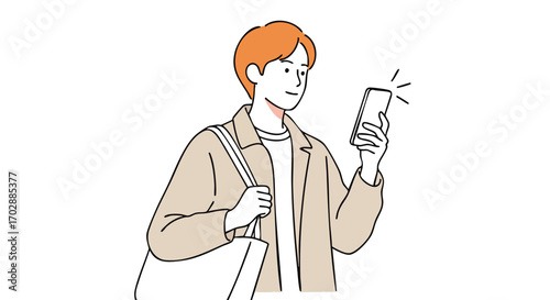 Young man happily checking smartphone notifications while carrying a tote bag, modern lifestyle communication