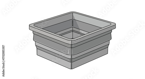 Grayish stylized container showcasing layers in square form against pristine white expanse for graphic design applications